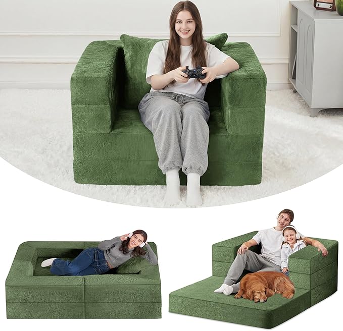 Futon Sofa Bed with Pillow, 3-in-1 Sleeper Sofa Bed with Removable Cover, Convertible Floor Sofa Bed, No Assembly Boneless Couch for Living Room, Bedroom