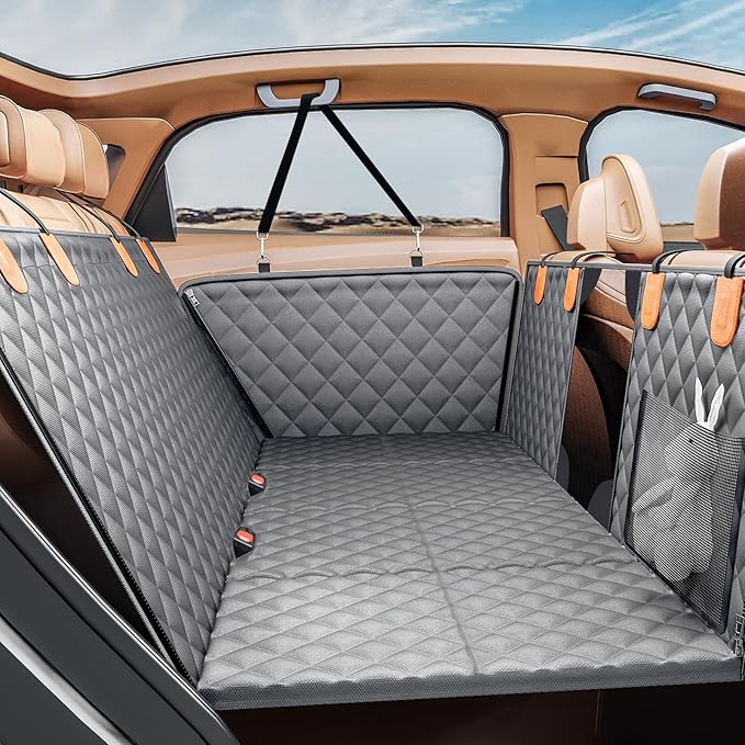 PETICON Back Seat Extender for Dogs, Hard Bottom Dog Car Seat Cover - Supports 400lbs, Rear Seat Pet Cover with Mesh Window, Waterproof Dog Hammock for Car SUV and Trucks