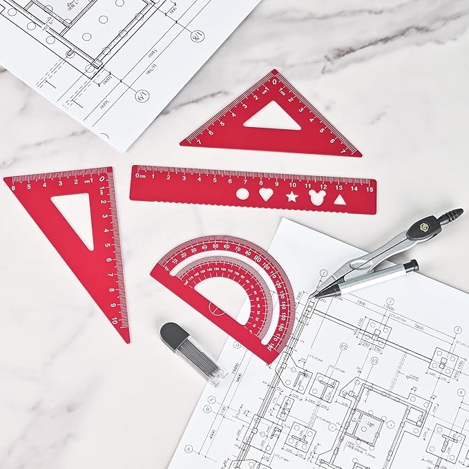 6 Pcs Metal Geometry Set, Math Geometry Kit, Metal Ruler Set and Compass Geometry Tool, Rulers Protractor and Compass Set for Student School and Drawings Supplies (Red)