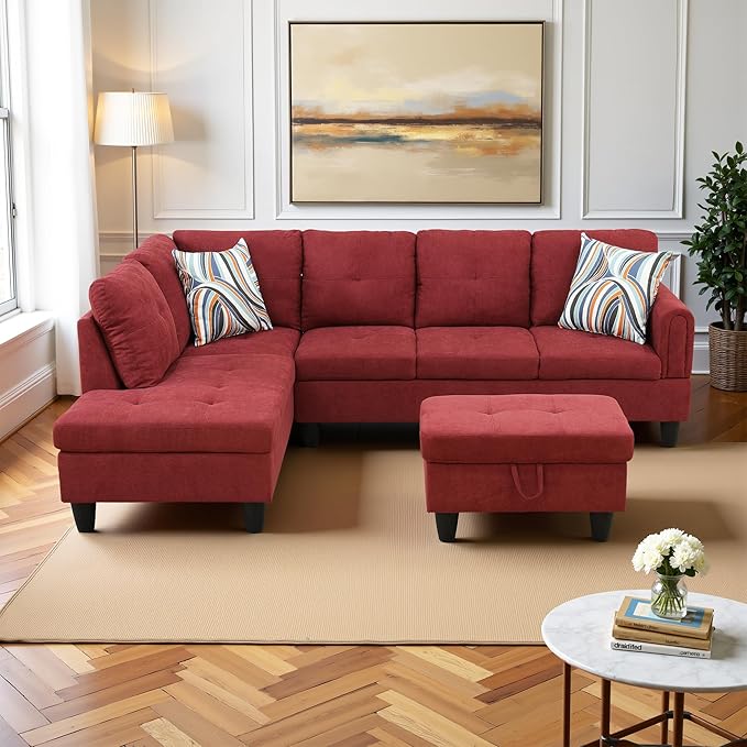 L Shaped Couch Modern Sectional Couch Upholstered Fluffy Fabric 3 Pieces Sofas for Living Room with Chaise, Storage Ottoman for Office and Small Apartment, Red