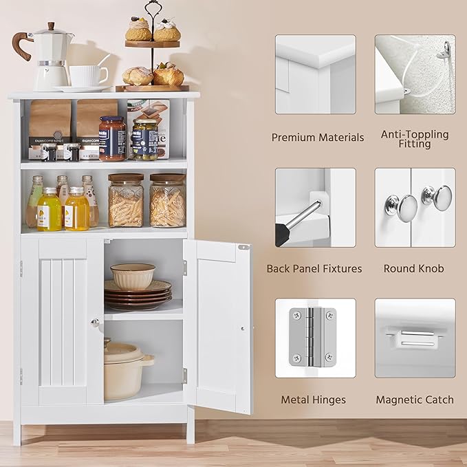 Yaheetech Bathroom Floor Cabinet, Free Standing Cabinet with Double Door and Adjustable Shelf, Side Tall Storage Organizer for Living Room/Kitchen/Hallway/Home Office, White