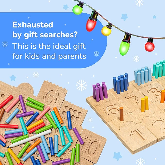 Bimi Boo Counting Peg Boards and Number Tracing for Kids - Wooden Montessori Arithmetic Math Toy Set for Toddlers and Preschoolers - Math Manipulatives for Kindergarten (55 Pegs, 10 Boards, 1 Pencil)