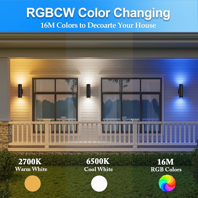 wowlite RGB Up and Down Lights Outdoor Wall Sconce 4 Pack, Smart Color Changing Porch Lights Outdoor Wall Sconce Light WiFi Voice & App Control, Tunable White Exterior Lights for House Porch Garage