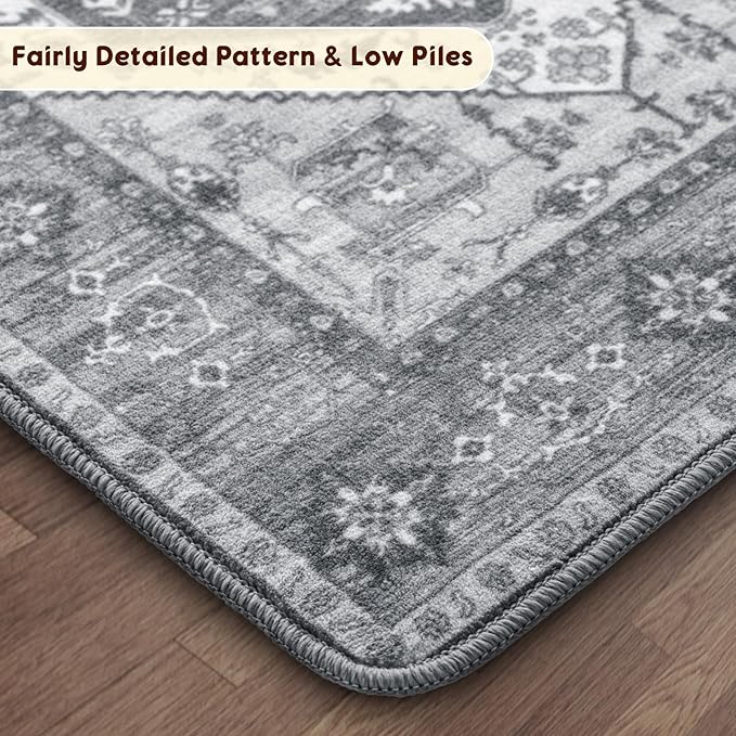 LBRO2M Boho Area Rug 6X9 Washable Rugs for Bedroom Low Piles Indoor Carpet, Non Slip Soft Rug for Living Room, Dining Room, Dark Gray Rug Foldable Pet Friendly Area Rugs (6'X9' Dark Gray)