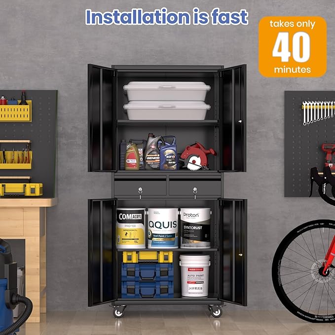 Garvee Metal Storage Cabinet, 73 Inch Garage Storage with Locking Doors and Adjustable Shelves, Heavy Duty Tool Cabinet with 2 Drawers