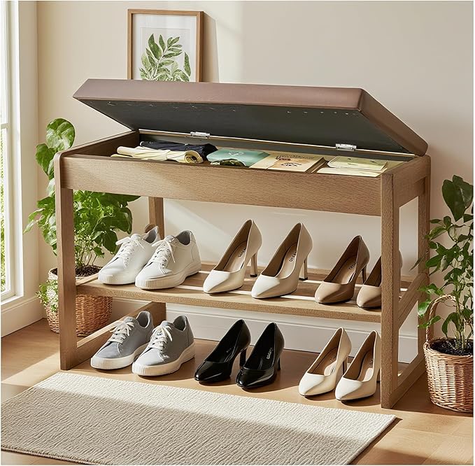 2-Tier Wood Shoe Bench with Flip-Top Storage Cabinet, 31.5", Entryway Bench with Shoe Storage, Front Door Shoe Rack（Walnut）