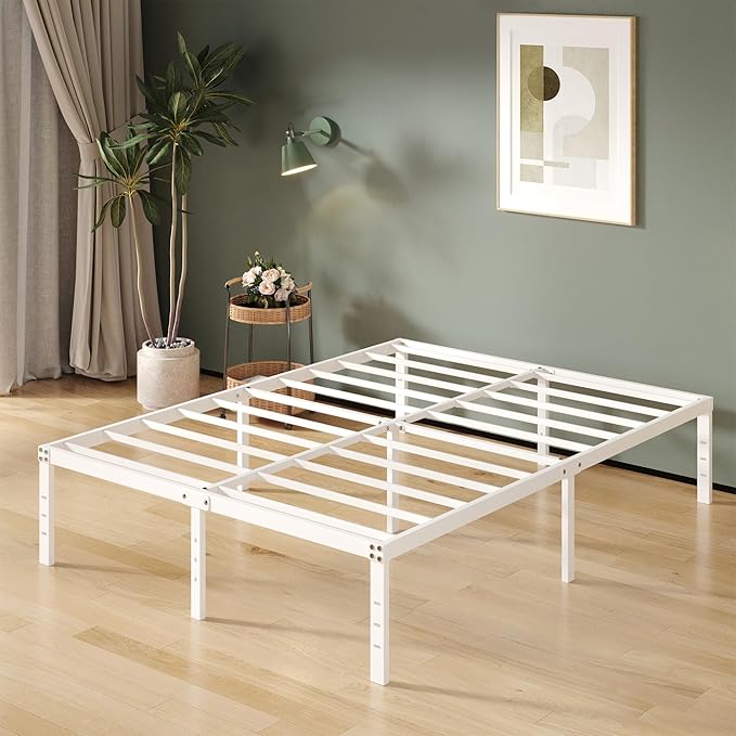 16 Inch White Queen Bed Frame No Box Spring Required, Metal Platform Queen Size Bed Frames with High Storage, Eassy Assembly 3,500 lbs Heavy Duty Bedframes