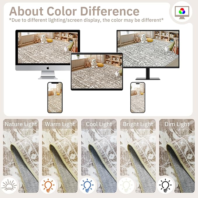9x12 Washable Area Rugs for Living Room, Vintage Floral Stain Resistant Non-Slip Low Pile Natural Rug Soft Throw Large Carpet for Dining Room Bedroom Farmhouse Home Office Light Brown