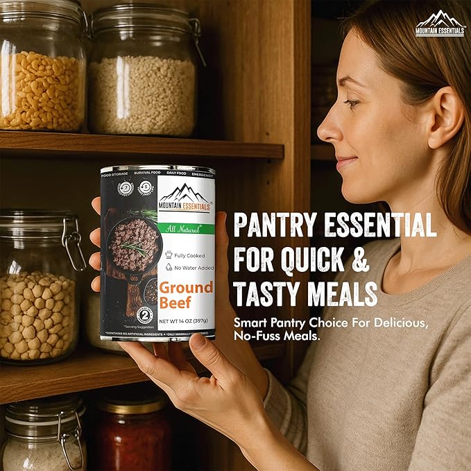 MOUNTAIN ESSENTIALS Ground Beef 14 Oz Fully Cooked Ready to Eat Hamburger Meat Emergency Survival Bulk Food Storage Canned Meat Perfect for Quick Meals 5 Years Shelf Life Made in USA Pack of 12