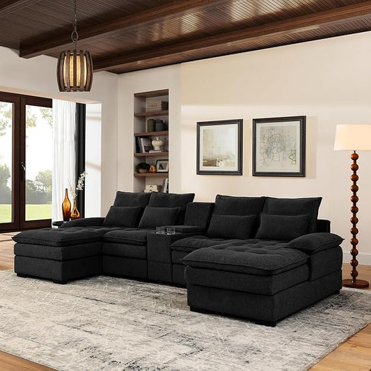 130" U-Shaped Sectional Sofa with Storage Console & Cup Holders, Upholstered 6 Seat Living Room Sleeper Couch Furniture Set w/Chaise, Cloud Cushion Couch for Home, Office, Apartment,Black