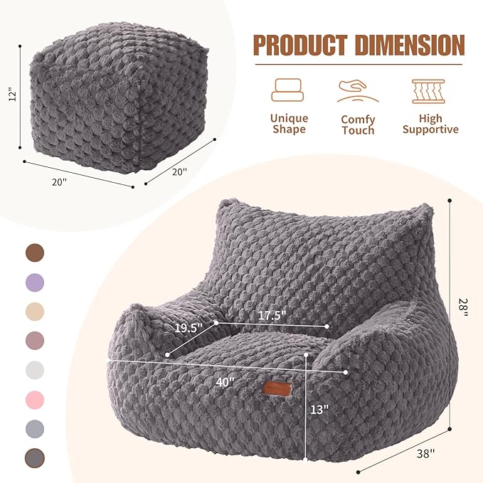 Gaming Chair Comfy Bean Bag Couch Sofa Chair for Bedroom, Modern Faux Fur Reading Bean Bag Chairs for Adults Teens, Living Room Adult Bean Bag Chair with Footrest