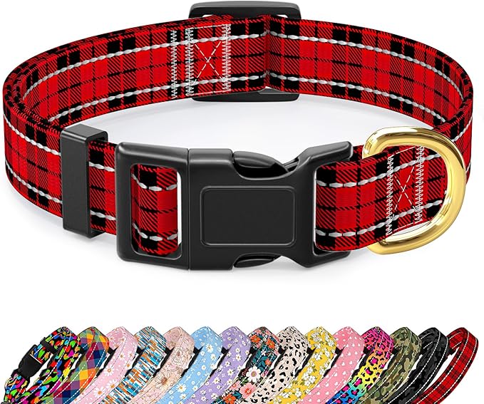 Reflective Dog Collar for Medium Dogs, Cute Boho Adjustable Heavy-Duty Nylon Puppy Collar for Boy and Girl Female, Soft Pet Accessories with Quick Release Buckle, Black Red Tartan