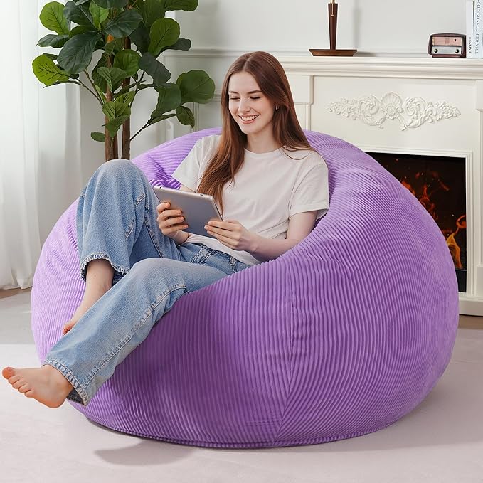 Homguava 5FT Bean Bag Chair for Adults,Teardrop Giant Bean Bags Big Beanbag Chair with Memory Foam Filled and Ultra Soft Removable Corduroy Cover for Living Room, Bedroom (Purple)