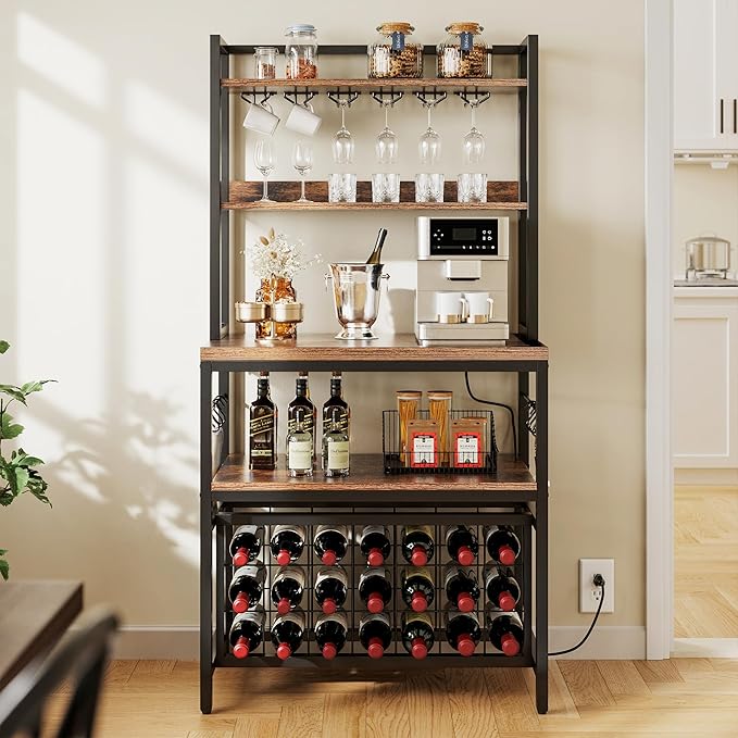 YITAHOME Kitchen Microwave Bakers Stand 31 Inches Wine Rack Free Standing Small w Storage for Liquor Glasses Power Outlet Tall Farmhouse Utility Shelf Pantry Dining Room Coffee Bar Hutch, Rustic Brown