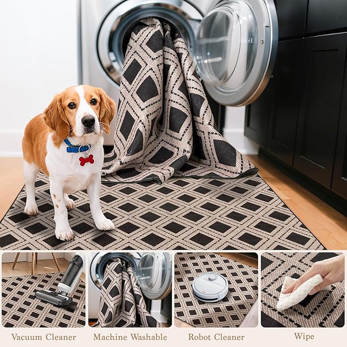 LBRO2M Checkered 9X12 Area Rug for Living Room Washable Rugs for Bedroom Dining Room Non Slip Modern Rugs Easy Clean, Soft, Stain Resistant Carpet Great for Pets and Family (9'X12' Black)
