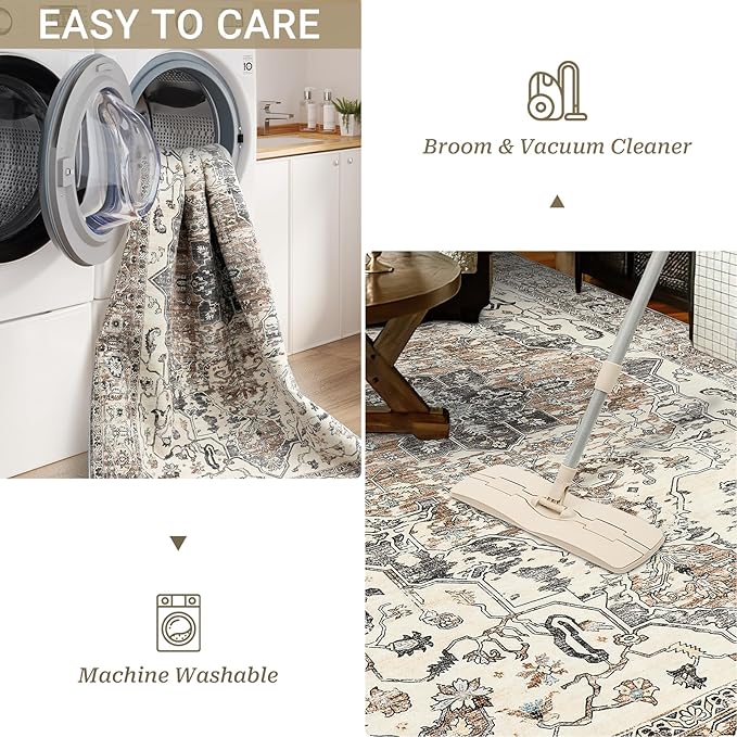 8x10 Area Rugs for Living Room, Stain Resistant Neutral Washable Rugs for Dining Room, Floral Vintage Non-Slip Thin Large Size Area Rug (Brown/Grey)