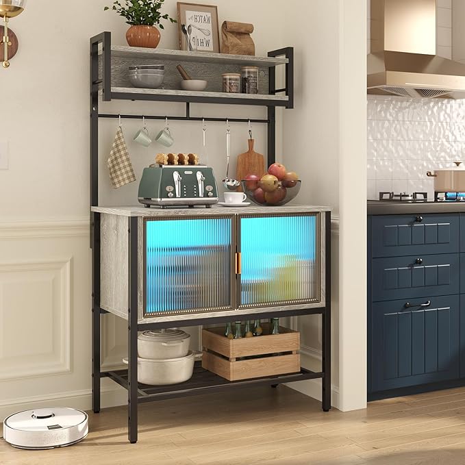 Bestier Coffee Bar with Storage, 5 Tier Microwave Stand with LED Lights, Kitchen Bakers Rack with Cabinet, Heavy Duty Storage Shelves for Kitchen Garage Pantry(Retro Grey Oak Light)