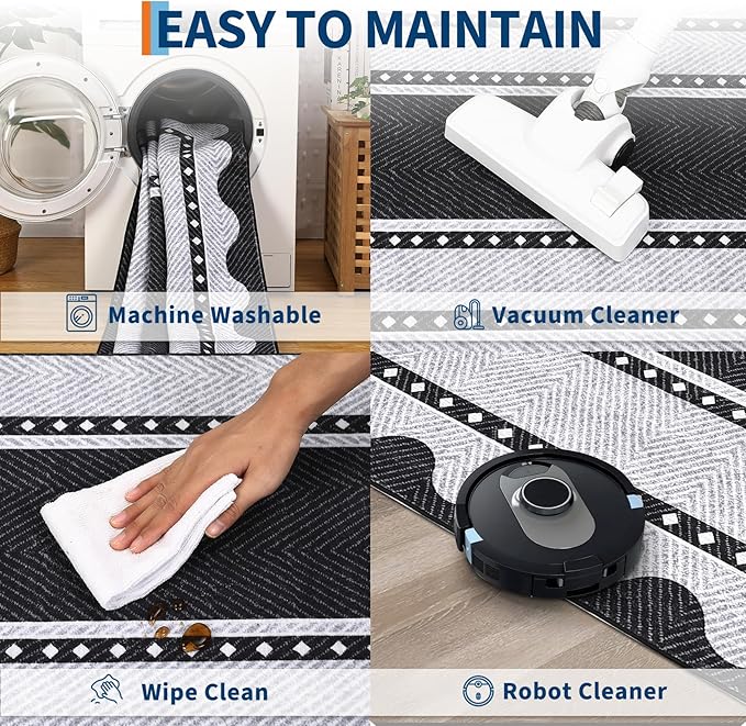 GarveeHome Modern Neutral 9x12 Area Rug Large Washable Rugs for Living Room, Low Pile Non Slip Stain-Resistant Soft Carpet, Contemporary Border Pattern Floor Mats for Home Decor, Black Grey