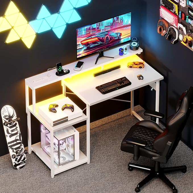 AODK Computer Desk, 48 Inch Gaming Desk with Led Lights & Power Outlet, Office Desk with Storage Shelves, Reversible Desk with Monitor Shelf & Headphone Hook, White