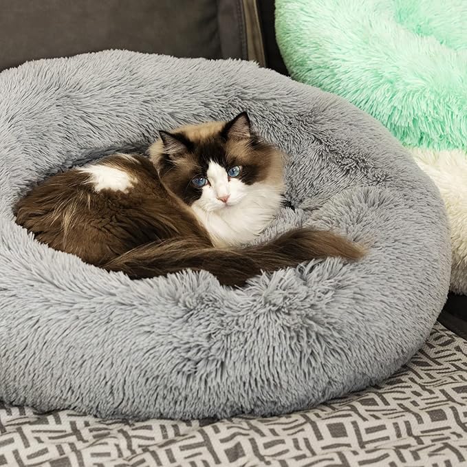 Anti Anxiety Round Fluffy Plush Faux Fur Warm Washable Dog Bed & Cat Bed, Original Bed for Small Medium Large Pets,Used to Relieve Joints and Improve Sleepï¼?0"/24"/27''ï¼?(27", Light Grey)