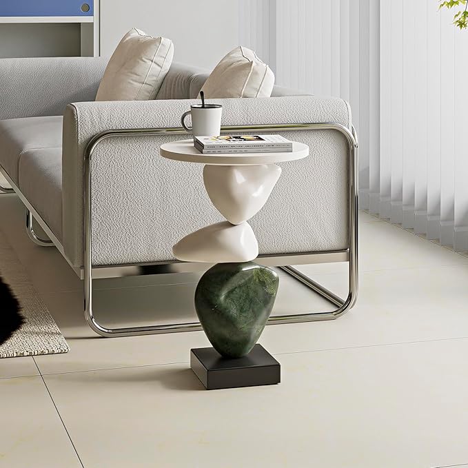 Luxury Coffee Table, Marble Style Side Table with Stacked Pebbles Design, Morden Style Oval Stone End Table for Living Room, Bedroon and Office