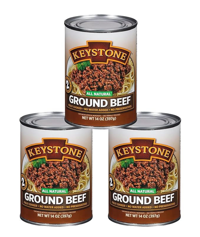 Keystone Meats All Natural Heat and Serve Ground Beef 14 oz – Fully Cooked Canned Meat – Ready to Eat – 5-Year Shelf Life – Pantry Staple for Everyday Meals, Emergency Survival Canned Food – Made in USA – Pack of 3