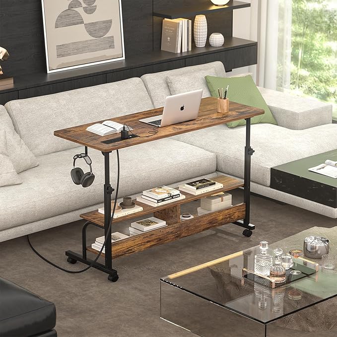 Armocity Height Adjustable Standing Desk with Power Outlets, 47" Manual Stand Up Desk with Storage Shelves Small Mobile Rolling Computer Desk Portable Laptop Table with Wheels for Home Office, Rustic