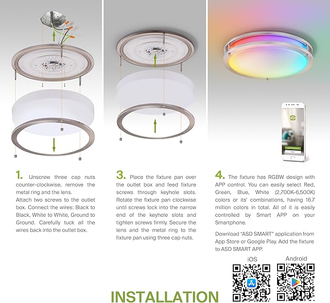 ASD LED 16" Round Flush Mount Lighting, Close to Ceiling Light Fixture | Smart, Multicolor, Dimmable, ETL Listed | 24W 1575LM RGB-2700-6500K 120V | Low Profile Double Ring Lamp | Nickel, 2 Pack