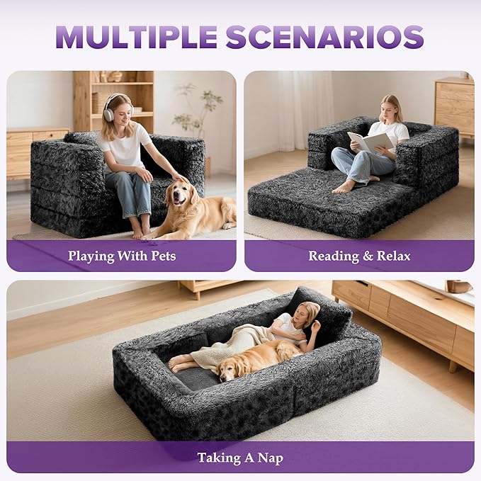 HABUTWAY Convertible Sofa Bed,3-in-1 Folding Futon Sofa Bed with Pillow, Foldable Sleeper Sofa Bed with Removable Cover,Plush Boneless Floor Chair Couch Lounge for Living Room,(Full,Black)