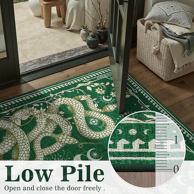 DCX Washable 3x5 Snake Rug, Green Gothic Rug for Living Room, Soft Low Pile Carpet, Kid & Pet Friendly with Rubber Back Non Slip, Stain Resistant Rug for Bedroom Dining Room Office