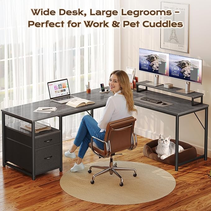 PRAISUN 63 Inch L Shaped Desk with Power Outlets and USB-C Port, Computer Corner Home Office Desk with File Fabric Drawers and Movable Monitor Stand, Larger Storage, Gaming, Writing, Work, Grey