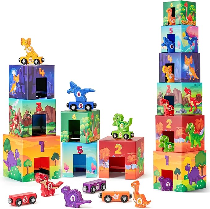 Atoylink Toddler Dinosaur Sorting and Stacking Toys with Magnetic Wooden Dinosaur Train Set, Baby Number Blocks Nesting Boxes Preschool Learning Montessori Toys for 1 2 3 Year Old Boys Girls Gift