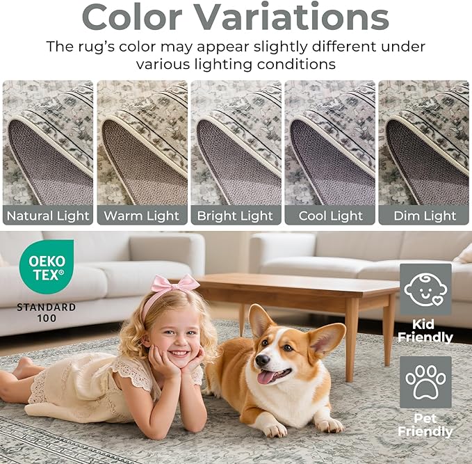 Washable Area Rugs 5x7 Floral Beige, Indoor Rug for Living Room Bedroom, Traditional Farmhouse Carpet for Dining Room, Cream White