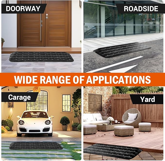 Rubber Wheelchair Threshold Ramp, 1"/1.5"/2"/2.5"/3"/3.5"/4" Rise Options, Wheelchair Ramp 7000Lbs Load Capacity, Non-Slip Textured Surface for Wheelchairs, Scooters (1.0" Rise-1Pack)