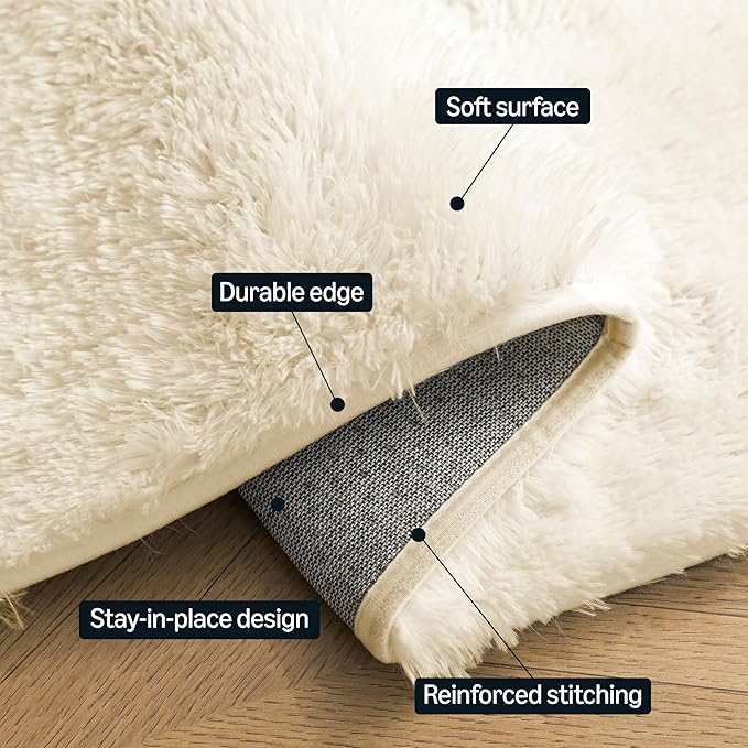 Amazon Basics Fluffy Washable Area Rug, Bedside Shaggy Carpet for Door Entryway, Living Room and Bedroom, 2' W × 3' L, Beige