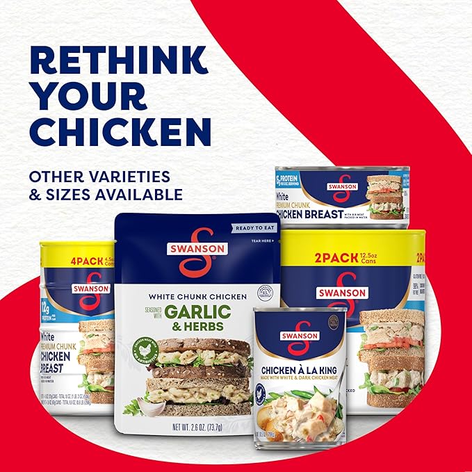 Swanson White Premium Chunk Chicken Breast with Rib Meat in Water, 4.5 oz. (Pack of 4)