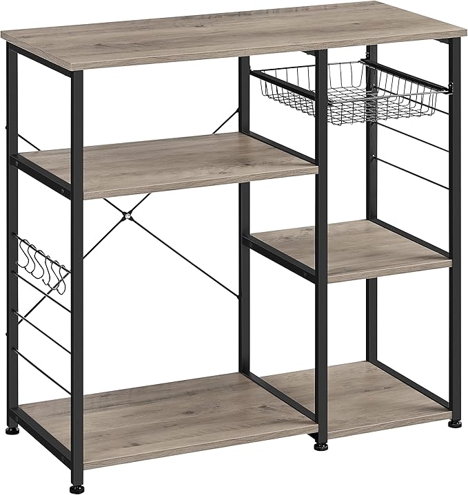 VASAGLE ALINRU Kitchen Baker’s Rack, Coffee Bar, Microwave Oven Stand, with Steel Frame, Wire Basket, 6 Hooks, for Mini Oven, Spices Utensils, Industrial, Heather Greige and Ink Black UKKS090B02