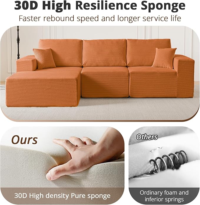 108" L-Shaped Boneless Couch, High Seat Modular Sectional Sofa with Moveable Ottoman, Corduroy Cloud Couches for Living Room, No Assembly, Ship in a Box, Orange