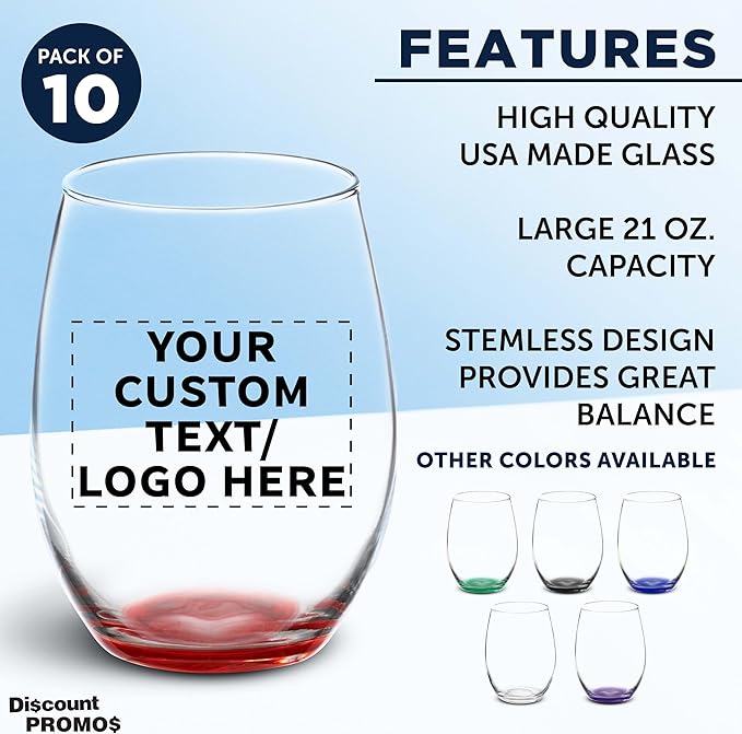 DISCOUNT PROMOS 10 ARC Stemless Wine Glasses Set, 21 oz. - Customizable Text, Logo - Chardonnay, Cabernet, Merlot, Sauvignon - Red