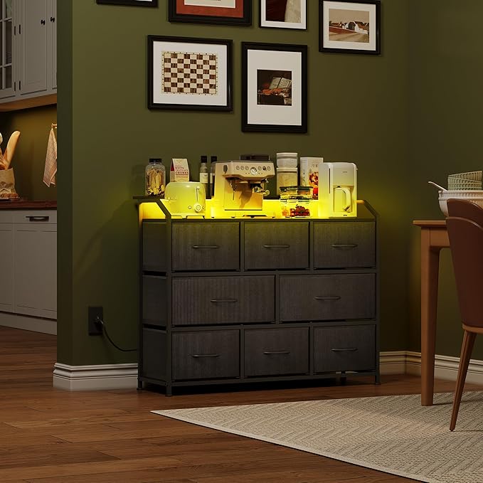 WLIVE Led Dresser for Bedroom, Black Dresser TV Stand for Bedroom with LED Lights and Power Outlet, Wide Chest of Drawers for Hallway, 8 Fabric Drawers for Living Room and Entryway, Easy to Assemble