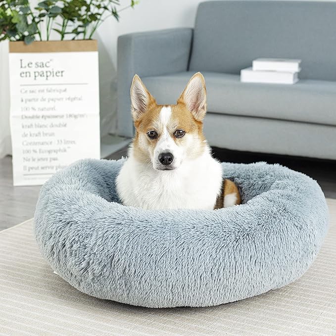 Anti Anxiety Round Fluffy Plush Faux Fur Warm Washable Dog Bed & Cat Bed, Original Bed for Small Medium Large Pets,Used to Relieve Joints and Improve Sleepï¼?0"/24"/27''ï¼?(27", Light Grey)