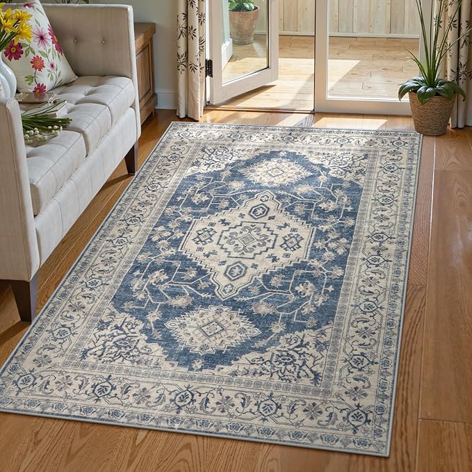 Lahome Oriental Area Rug, 3x5 Washable Rugs for Living Room Non Slip Entry Mat, Vintage Soft Pet Friendly Throw Carpet for Entryway Bedroom Dinning Room, Blue