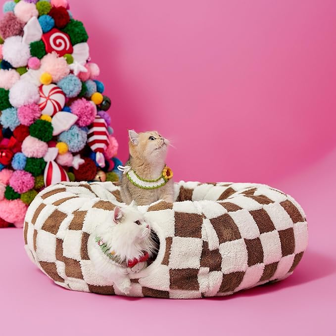Lesure Cat Tunnel Bed for Indoor Cats - Cute Cat Donut Tunnel Toys for Small Large Cats with Washable Circle Cushion, Round Pet Peekaboo Cave Toy for Kitten/Puppy/Rabbit, Standard Brown Checks