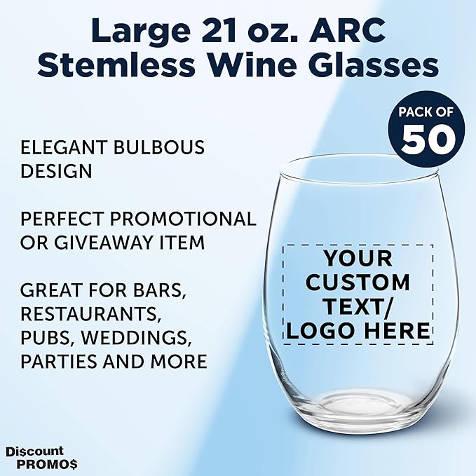 DISCOUNT PROMOS 50 ARC Stemless Wine Glasses Set, 21 oz. - Customizable Text, Logo - Chardonnay, Cabernet, Merlot, Sauvignon - Clear