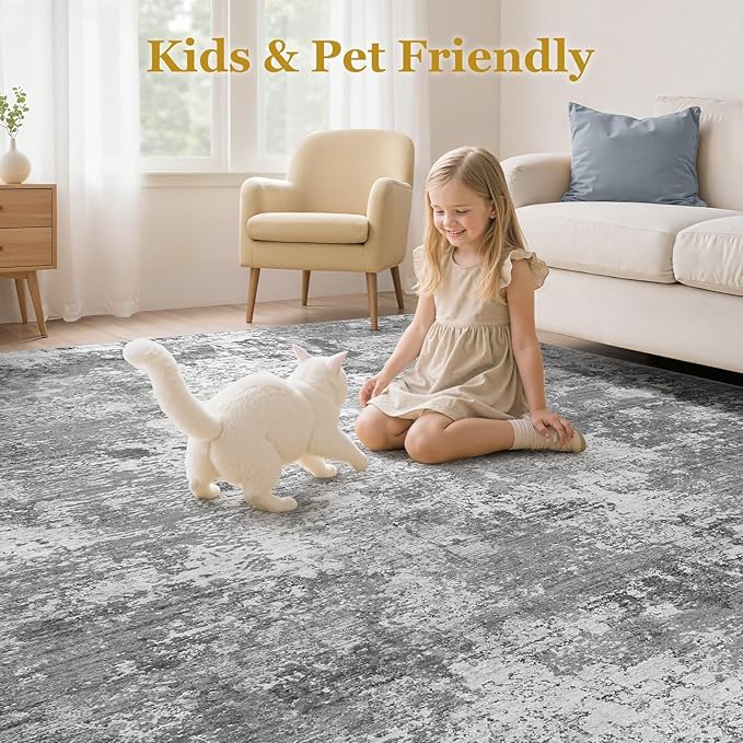Area Rugs for Living Room: 6x9 Abstract Washable Rug Modern Neutral Large Soft Stain Resistant Non-Slip Backing Machine Table for Bedroom Dining Room Indoor Home Office Carpet - Light Grey