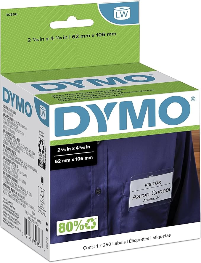 DYMO 30856 LW Non-Adhesive Name Badge Labels for LabelWriter Label Printers, White, 2-7/16'' x 4-3/16'', 1 Roll of 250