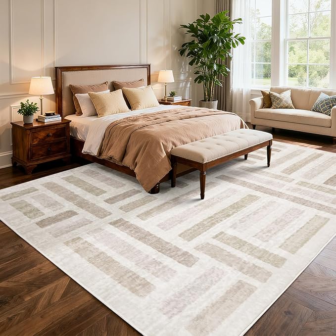Washable Area Rugs, 2x6ft Soft Rug for Living Room and Bedroom Vintage Striped Rug Stain Resistant with Non Slip Backing Geometric Checkered Foldable Print Mat for Home Decor