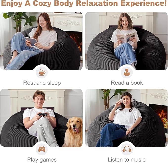 Homguava 5FT Bean Bag Chair for Adults,Teardrop Giant Bean Bags Big Beanbag Chair with Memory Foam Filled and Ultra Soft Removable Corduroy Cover for Living Room, Bedroom (Black)