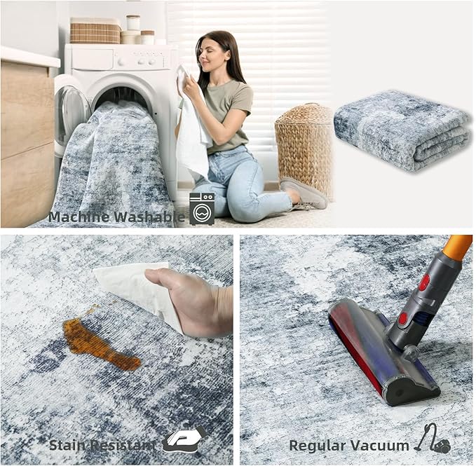 Washable Living Room Area Rugs: 6'x9' Large Rug Stain Resistant Distressed Abstract Rug Non Slip Low Pile Faux Wool Soft Rug for Bedroom Bedside Kitchen Dining Room Farmhouse Nursery Kids Playroom