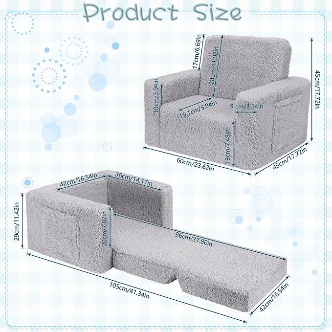 SLIGUY Toddler Couch & Chair - Convertible Sofa to Lounger, Pull Out Couch with Sherpa Cover in Dark Grey